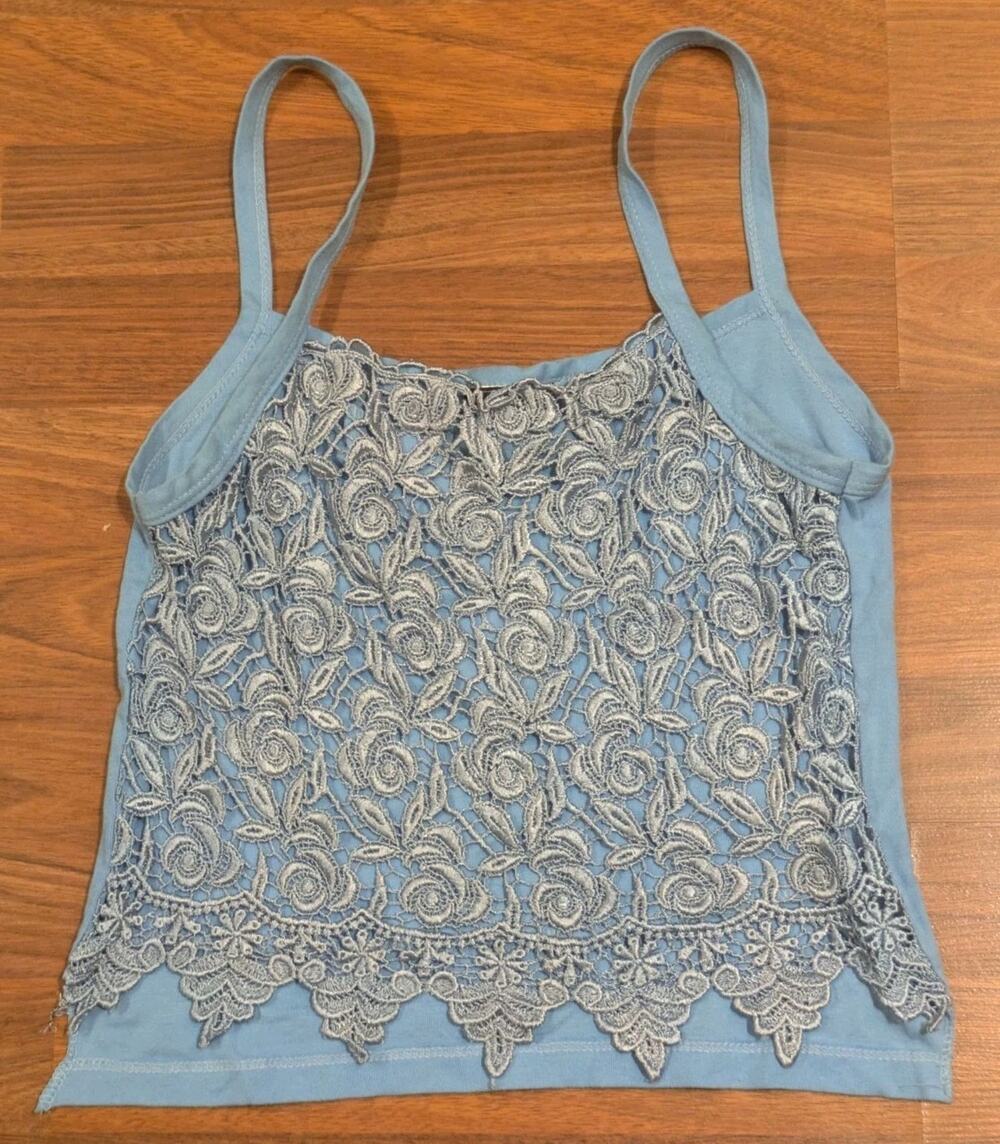 Vintage Y2K Awesome Wear Lace Cami Tank Top 1X (Fit S) Blue Floral Crop Made USA